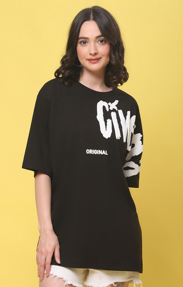Women's Cinema Color Black Typography Oversized T-Shirts