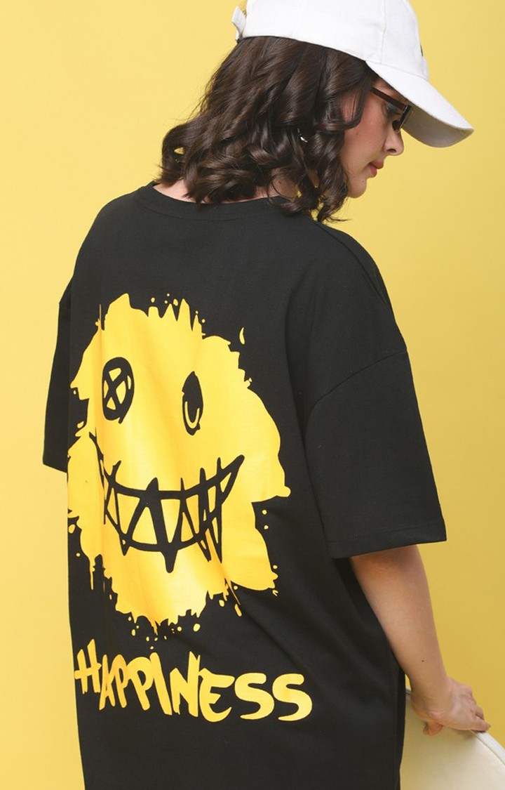 Women's Happiness Color Black Typography Oversized T-Shirts