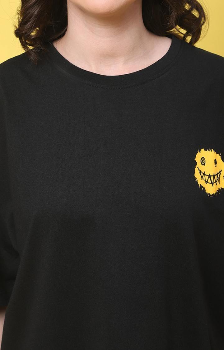 Women's Happiness Color Black Typography Oversized T-Shirts