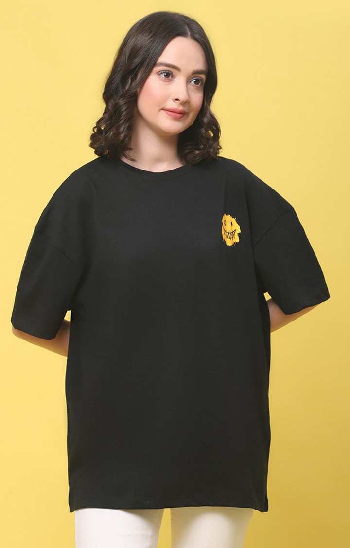 DOOR74 | Women's Happiness Color Black Typography Oversized T-Shirts