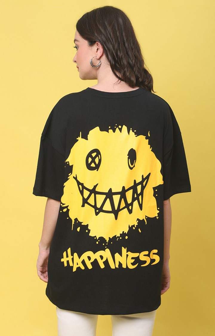 Women's Happiness Color Black Typography Oversized T-Shirts