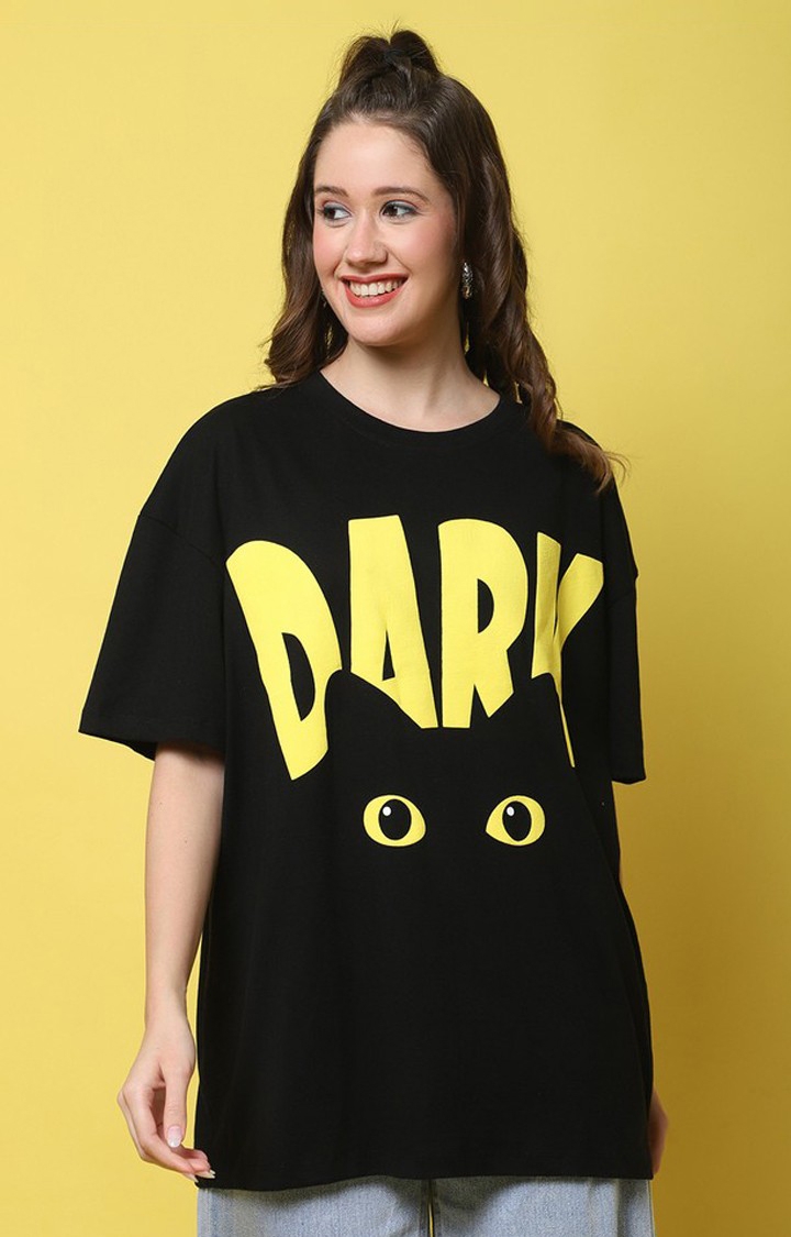 DOOR74 | Women's Dark Color Black Typography Oversized T-Shirts