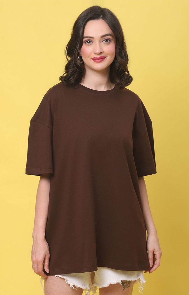 DOOR74 | Women's Fit Brown Solid Oversized T-Shirts