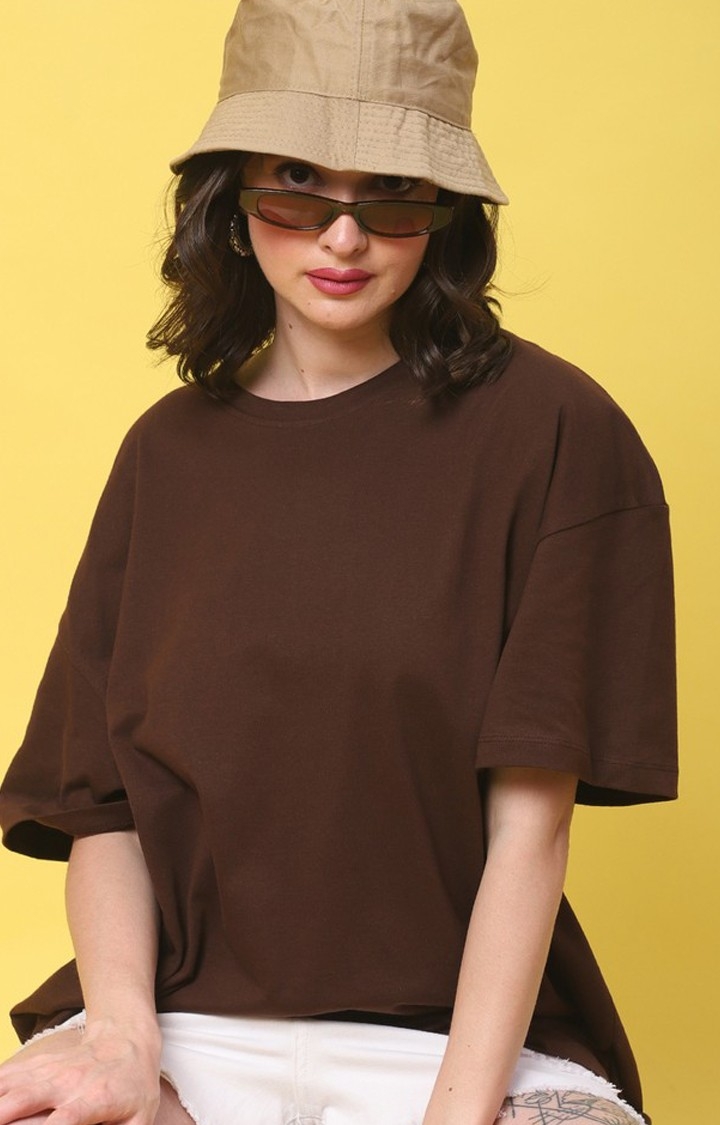 Women's Fit Brown Solid Oversized T-Shirts