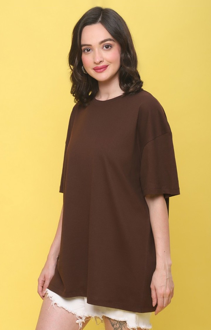 Women's Fit Brown Solid Oversized T-Shirts
