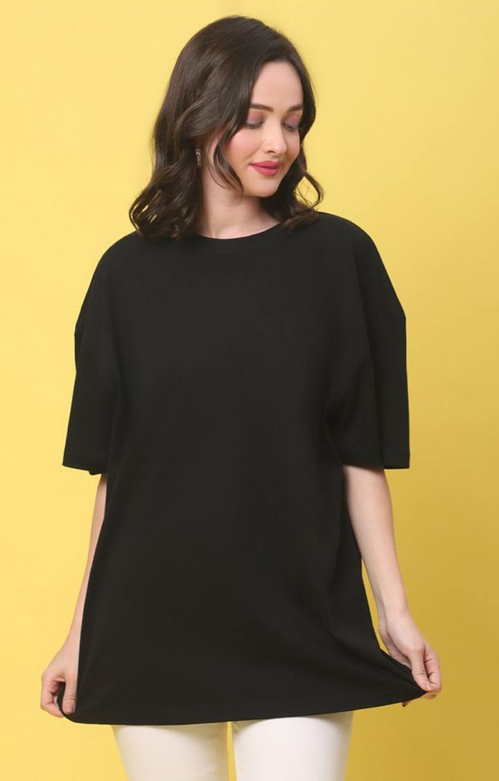 DOOR74 | Women's Fit Black Solid Oversized T-Shirts