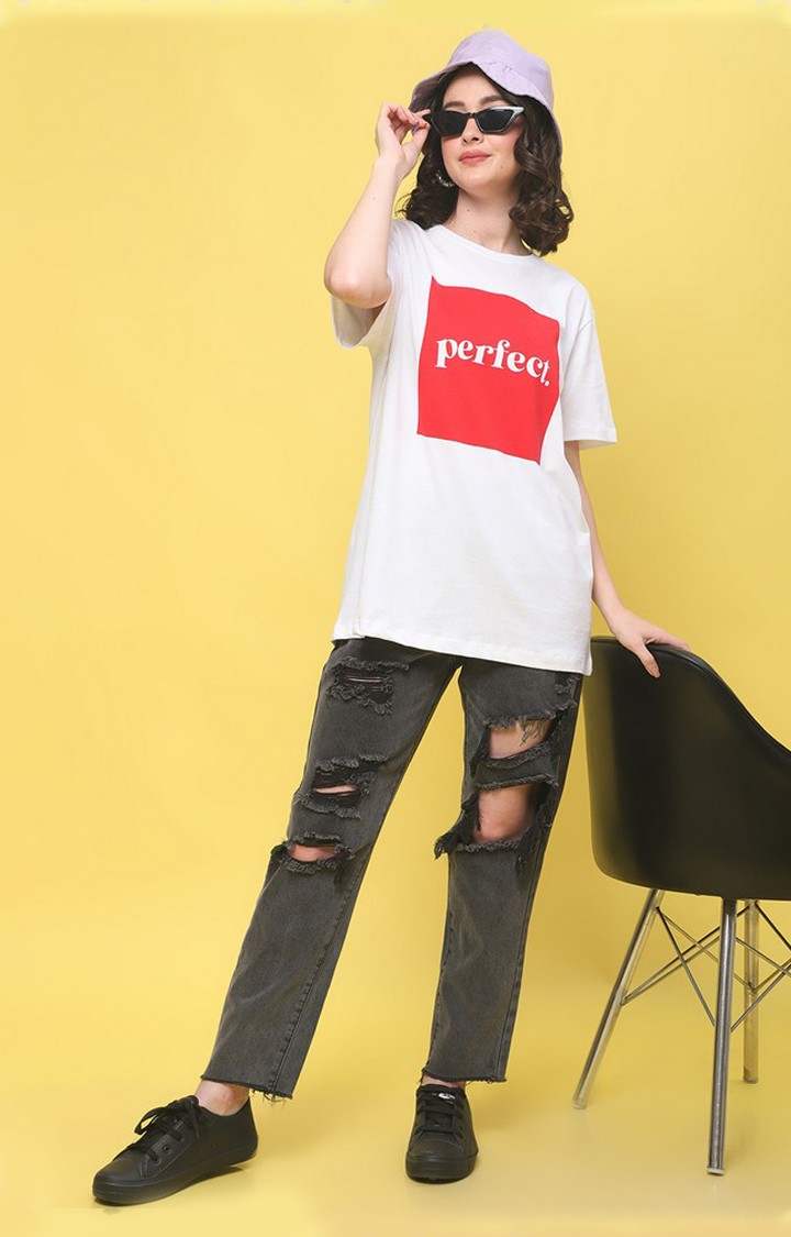 Women's White Perfect White Typography Oversized T-Shirt