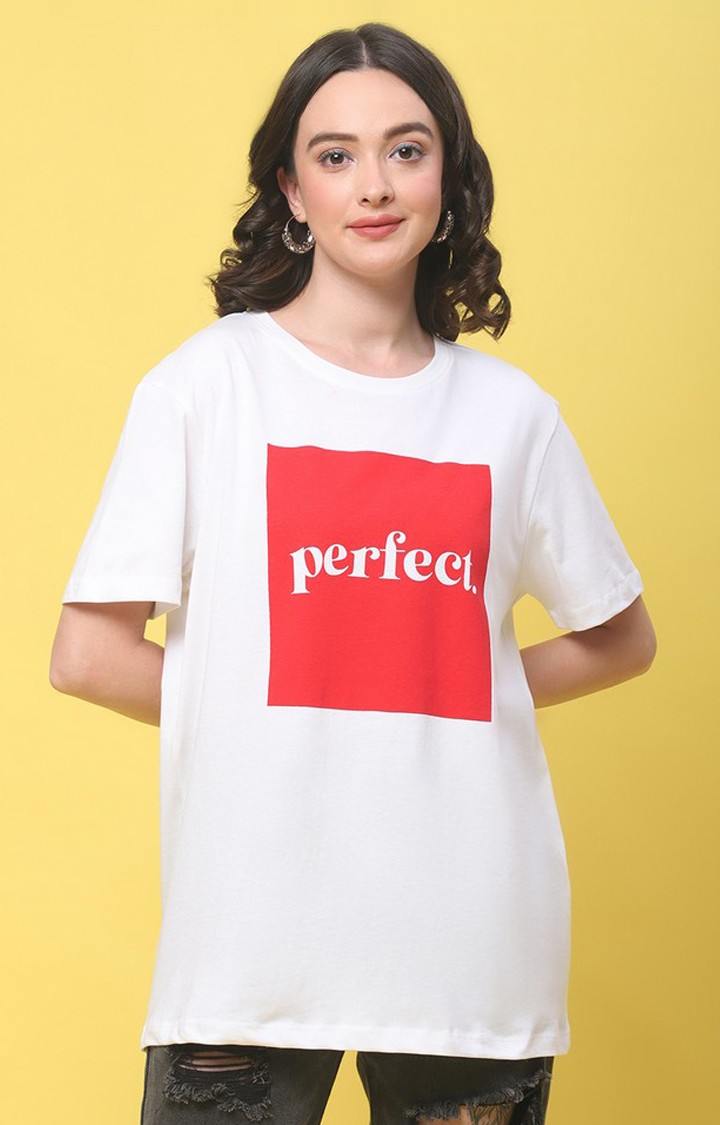 DOOR74 | Women's White Perfect White Typography Oversized T-Shirt