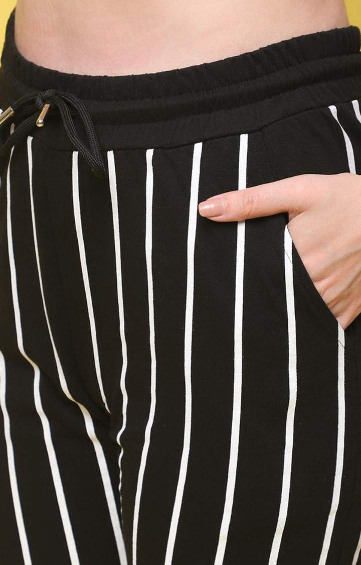 Women's  Black Striped Cropped Tapperd Comfortable Joggers