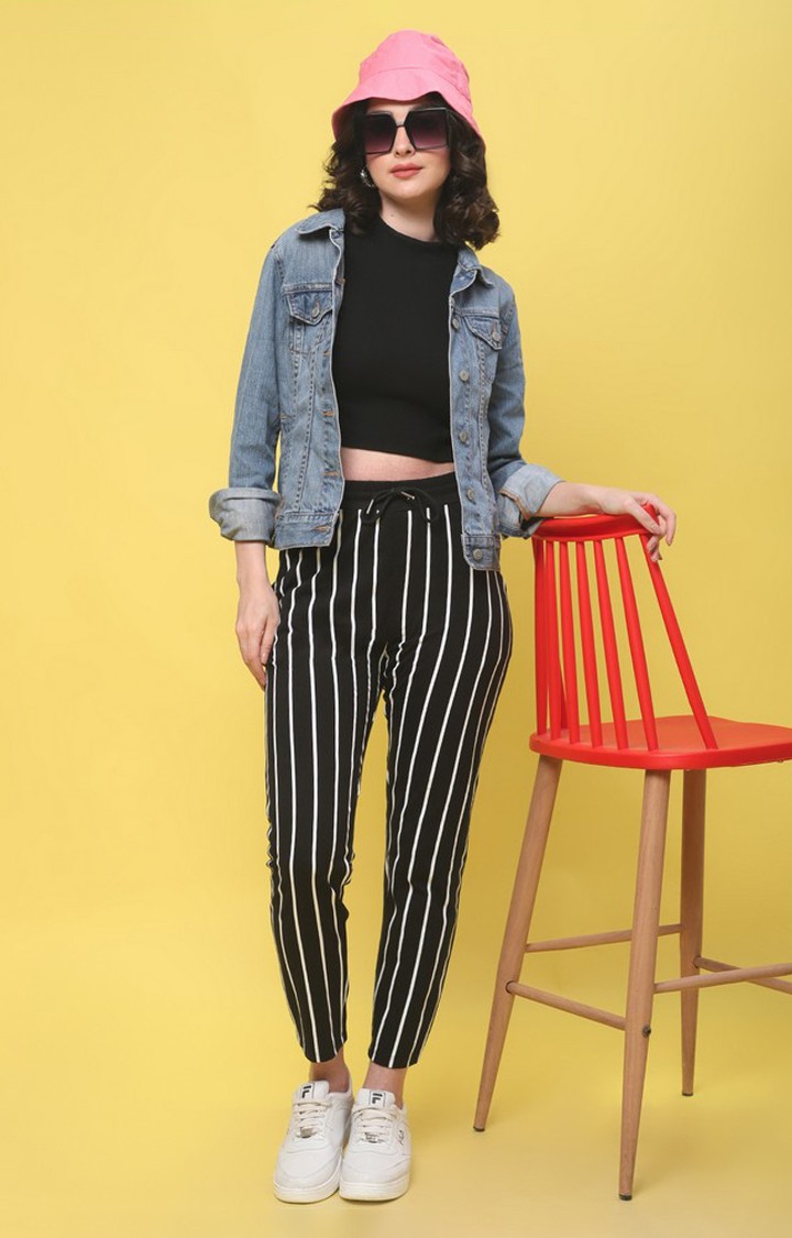 Women s Black Striped Cropped Tapperd Comfortable Joggers