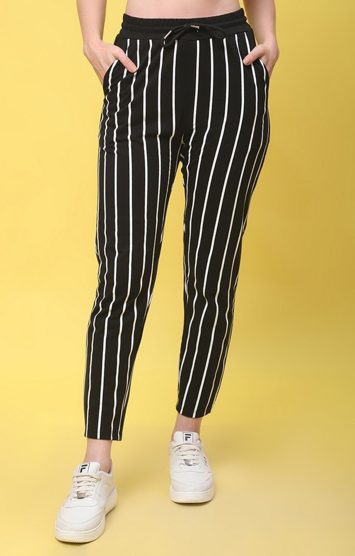 Women's  Black Striped Cropped Tapperd Comfortable Joggers