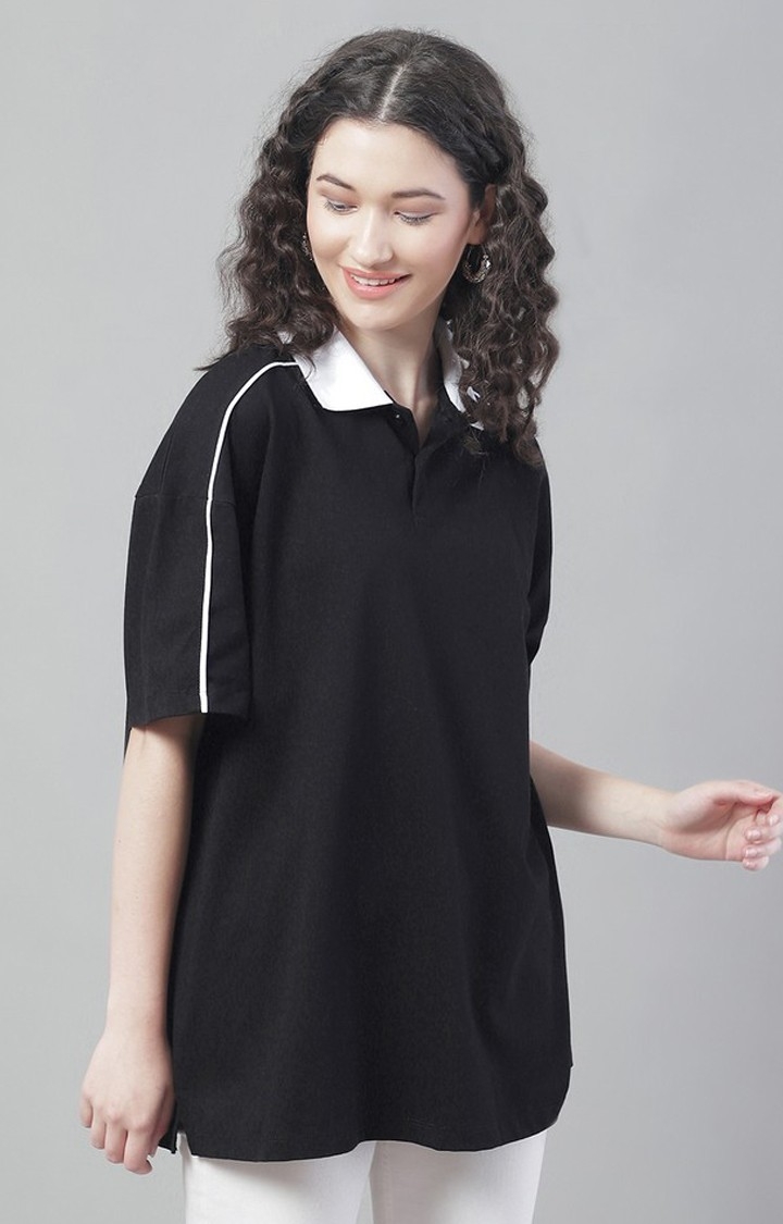 Women's Contrast Collar And Piping Black Solid Polos