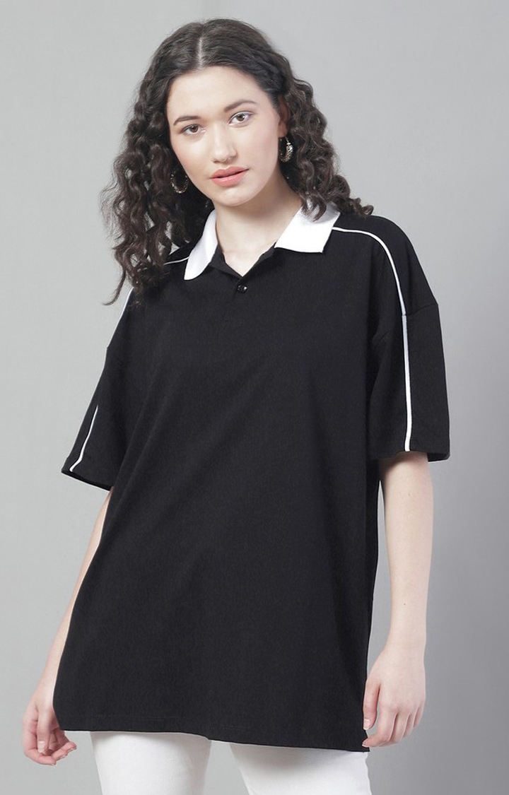 DOOR74 | Women's Contrast Collar And Piping Black Solid Polos