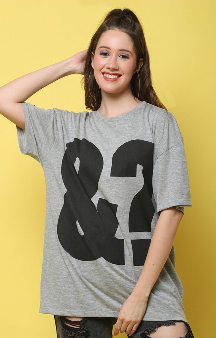 DOOR74 | Women's &? Color Grey Typography Oversized T-Shirts
