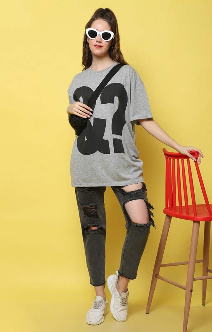 Women's &? Color Grey Typography Oversized T-Shirts