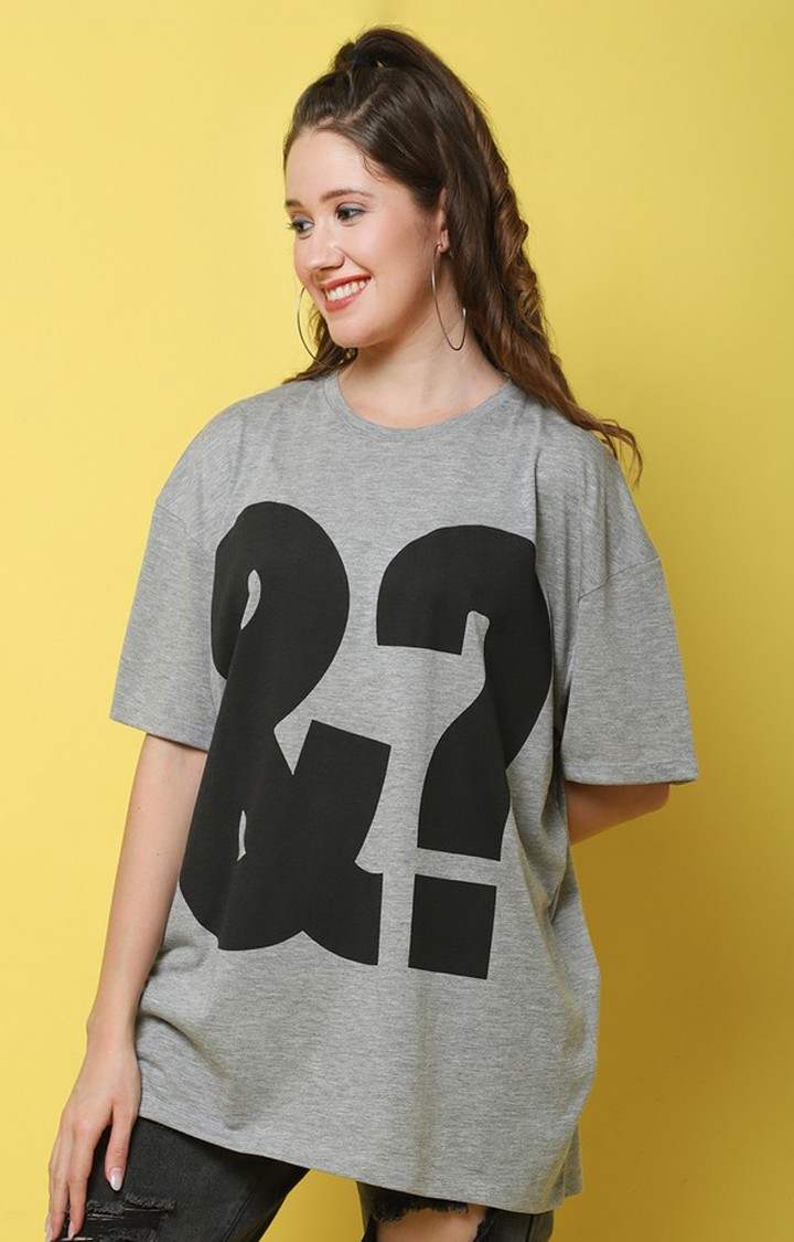 Women's &? Color Grey Typography Oversized T-Shirts