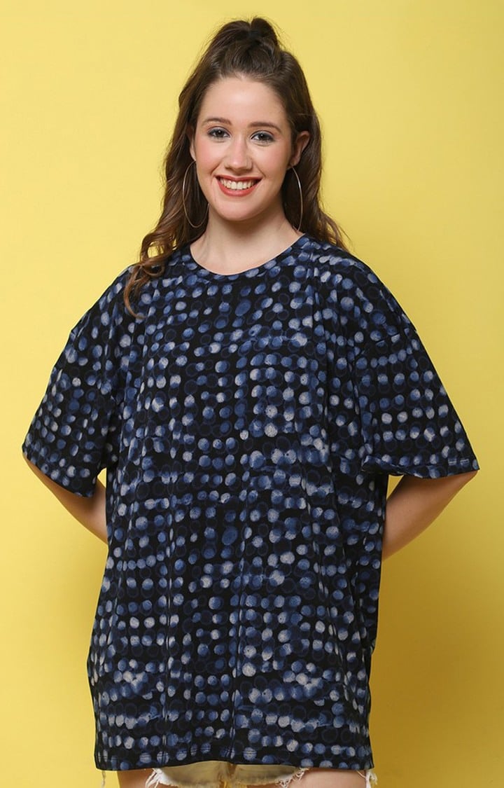 DOOR74 | Women's Fit Blue Polka Dots Oversized T-Shirts