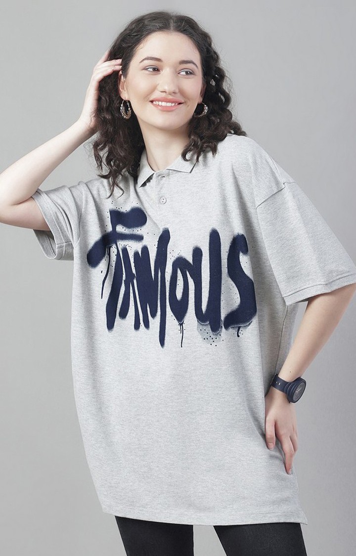 DOOR74 | Women's Famous Color Grey Typography Polos
