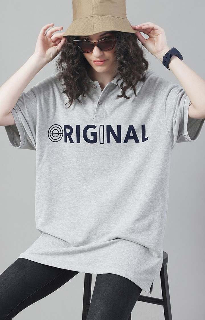 Women's Original Color Grey Typography Polos