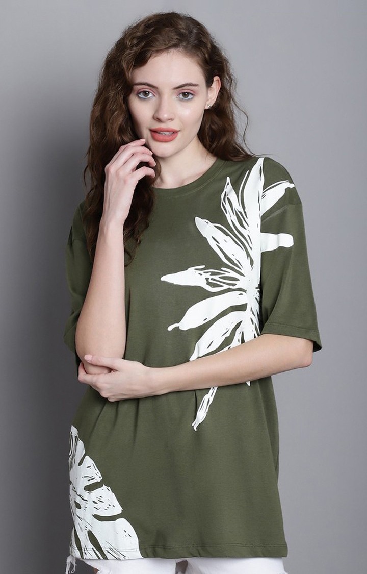 DOOR74 | Women's Leaf Color Green Floral Oversized T-Shirts