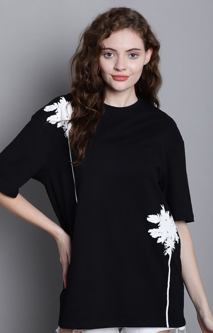 DOOR74 | Women's Tree Color Black Floral Oversized T-Shirts