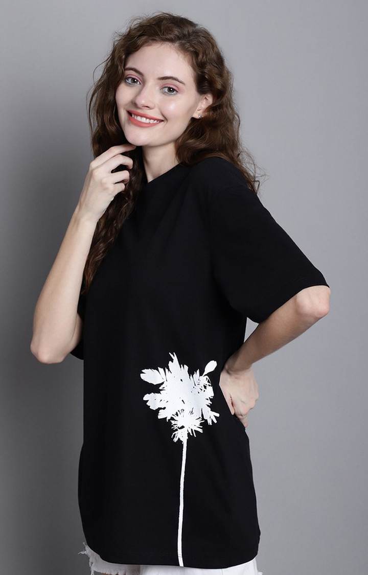 Women's Tree Color Black Floral Oversized T-Shirts