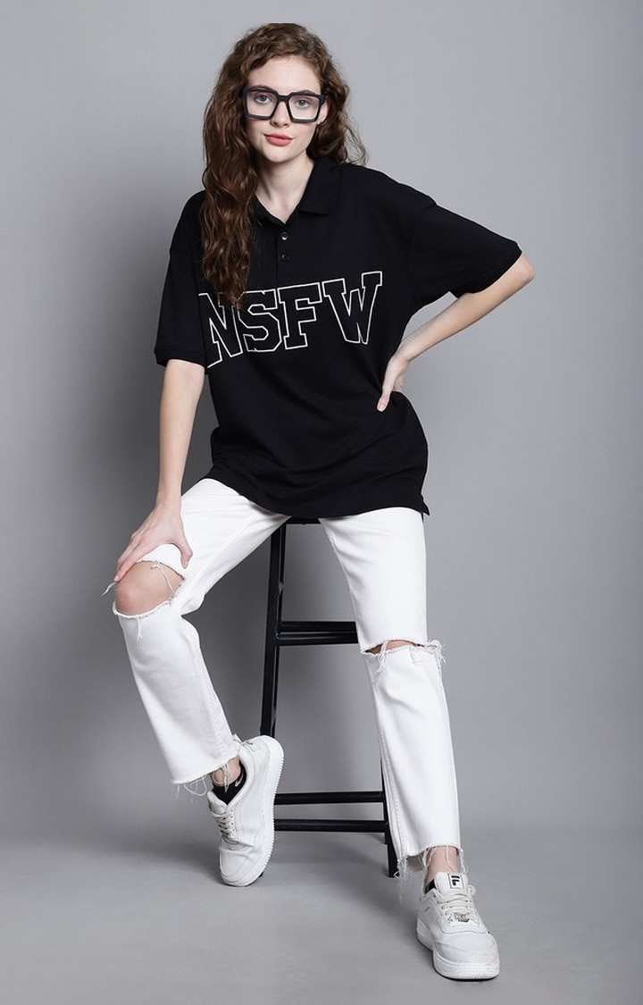 Women's Black Typography Polos
