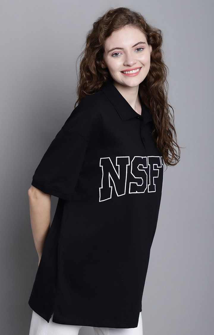 Women's Black Typography Polos
