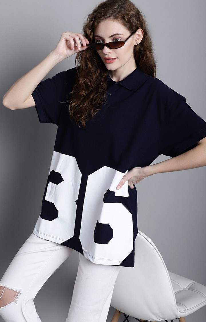 Women's Blue Typography Polos