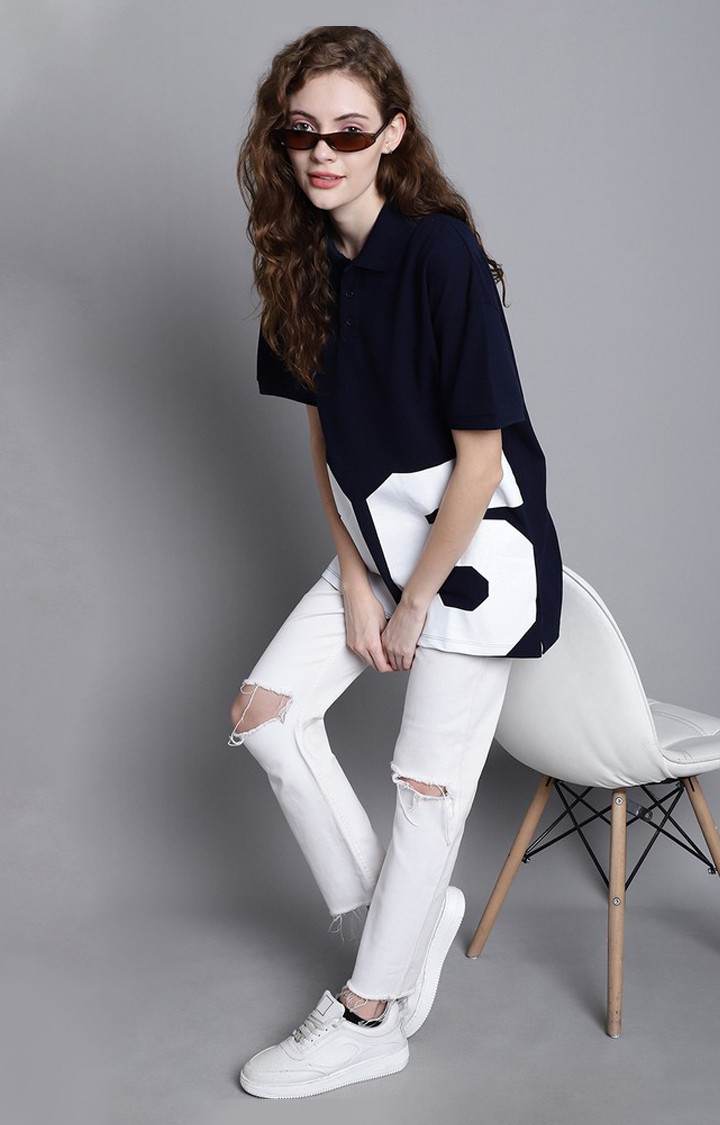 Women's Blue Typography Polos