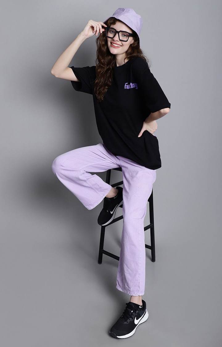 Women's Lets Escape From Reality Puff Black Typography Oversized T-Shirts