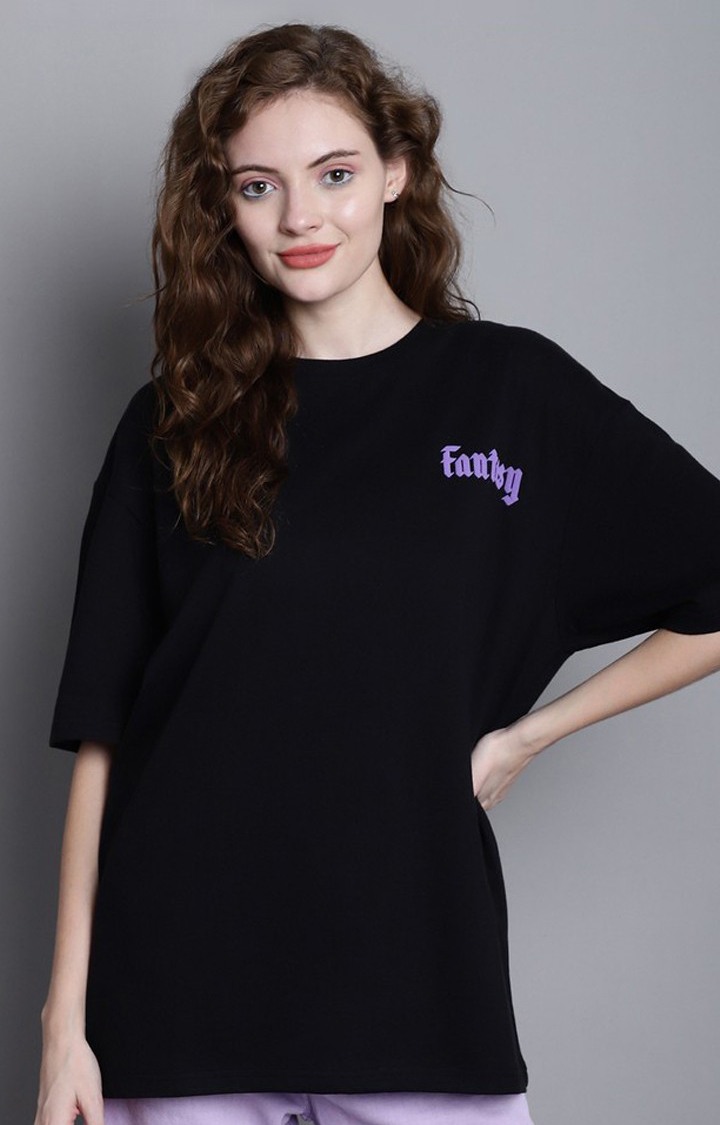 DOOR74 | Women's Lets Escape From Reality Puff Black Typography Oversized T-Shirts