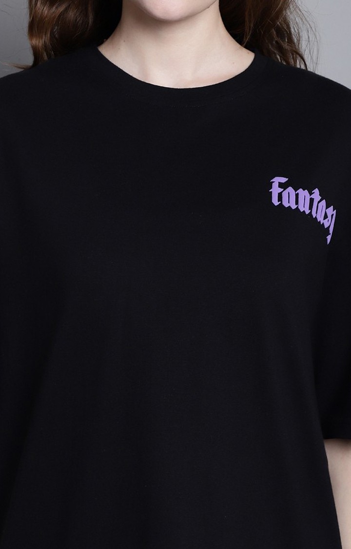 Women's Lets Escape From Reality Puff Black Typography Oversized T-Shirts