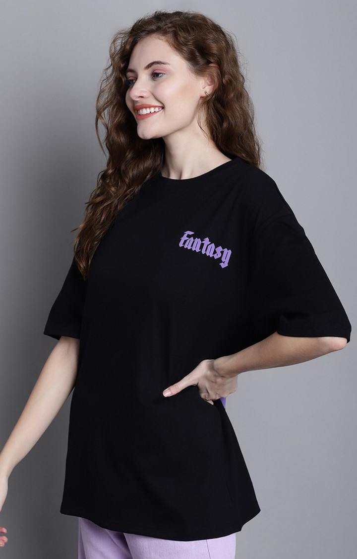 Women's Lets Escape From Reality Puff Black Typography Oversized T-Shirts