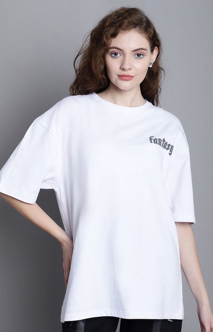 DOOR74 | Women's Lets Escape From Reality Puff White Typography Oversized T-Shirts
