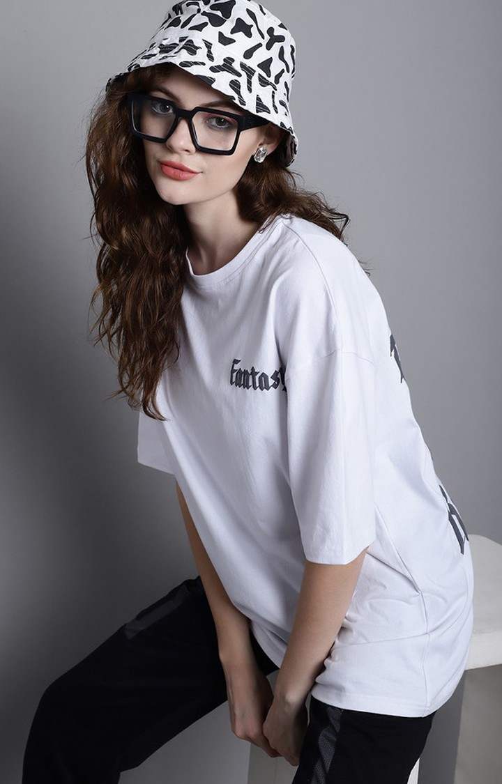 Women's Lets Escape From Reality Puff White Typography Oversized T-Shirts
