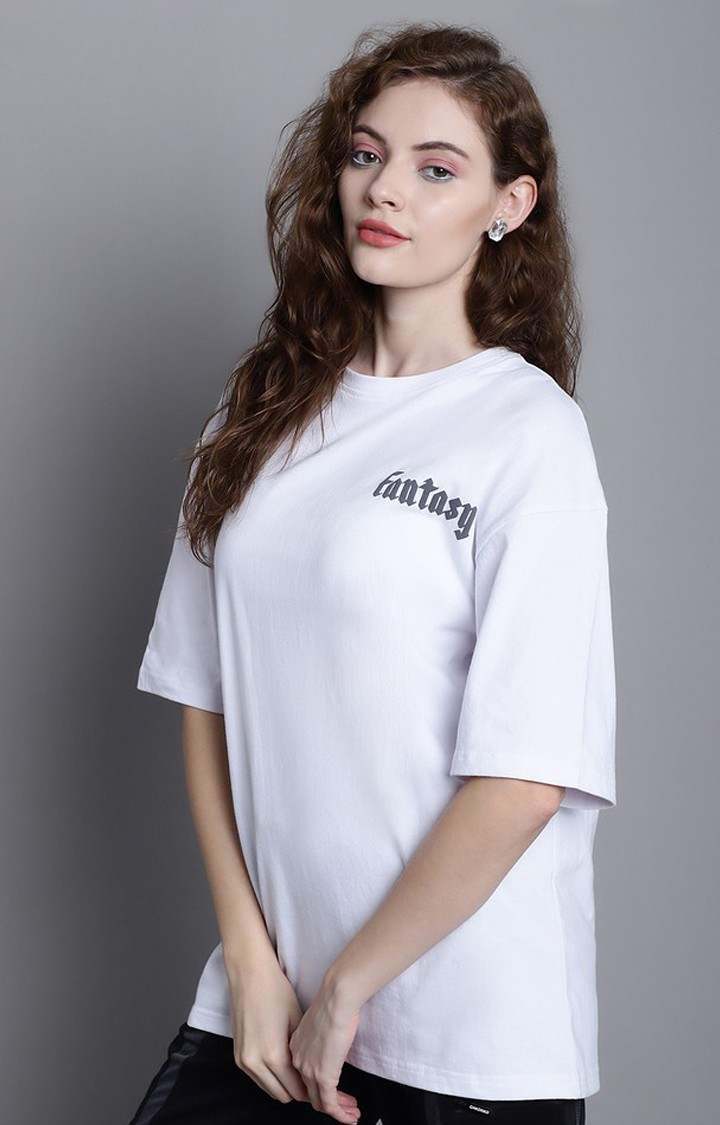 Women's Lets Escape From Reality Puff White Typography Oversized T-Shirts