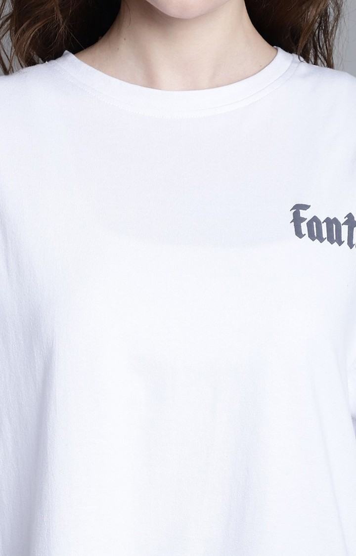 Women's Lets Escape From Reality Puff White Typography Oversized T-Shirts