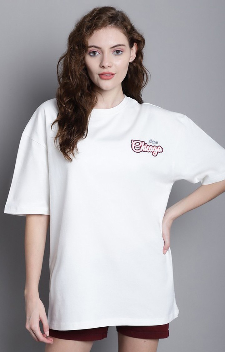 DOOR74 | Women's Chicago Off White Graphic Oversized T-Shirts