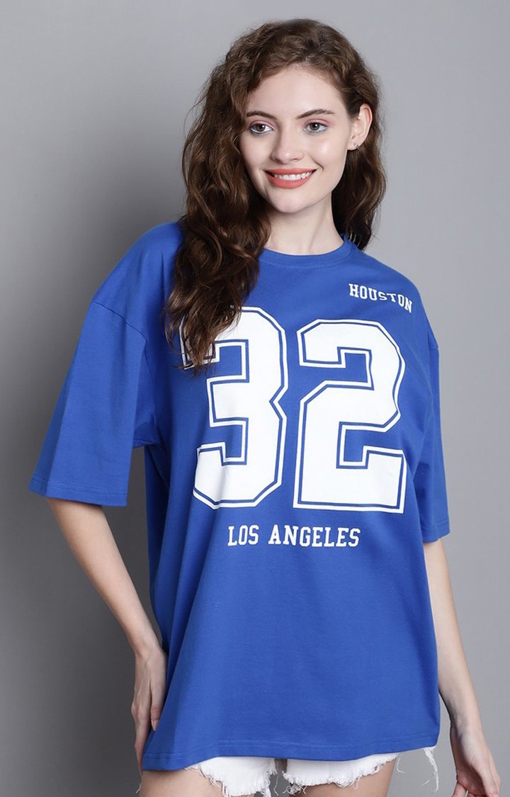 DOOR74 | Women's 32 Los Angeles Blue Typography Oversized T-Shirts