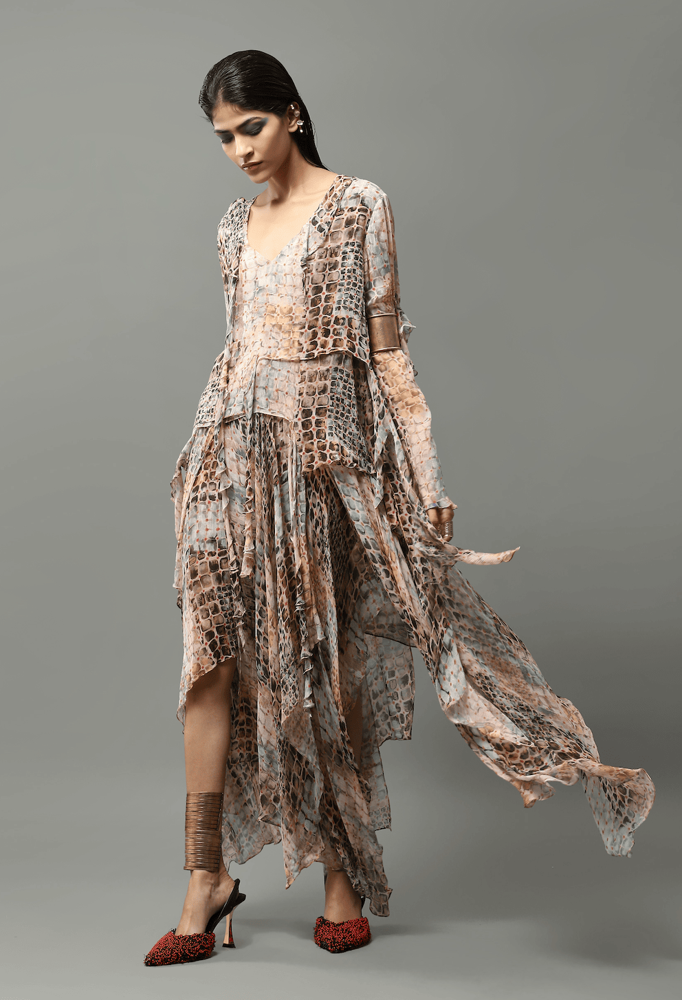 PRINTED CHIFFON TOP WITH LAYERED SKIRT