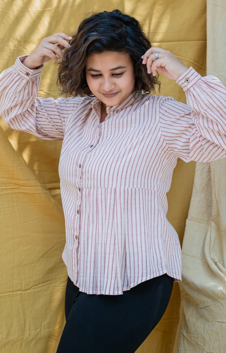 INGINIOUS Clothing Co. | Women's White and Red Cotton Striped Casual Shirt 1