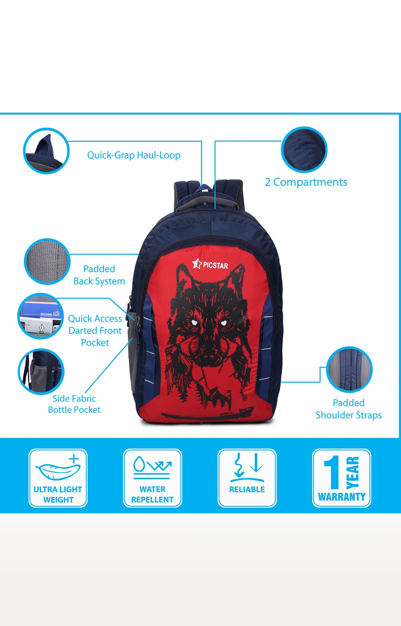 Picstar | Picstar Daredevil 35 L Navy And Red Backpack 5