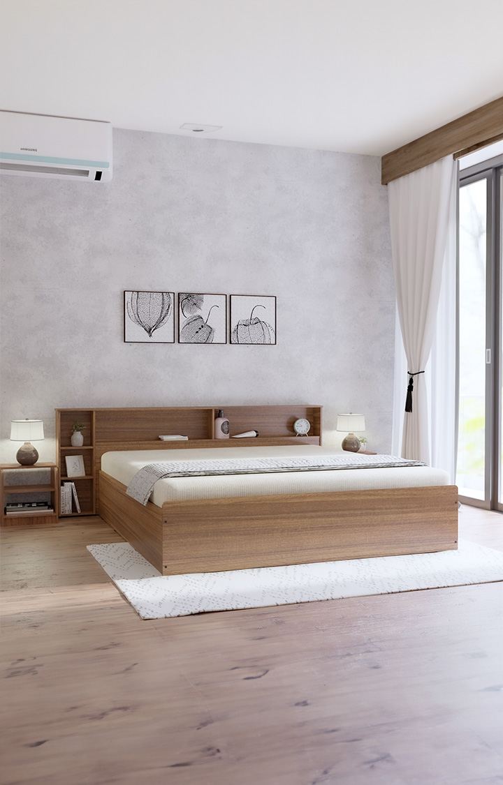 NEUDOT Yovalty King Size Bed Leno Teak Engineered Wood Double Bed Cot for Bedroom headboard Storage