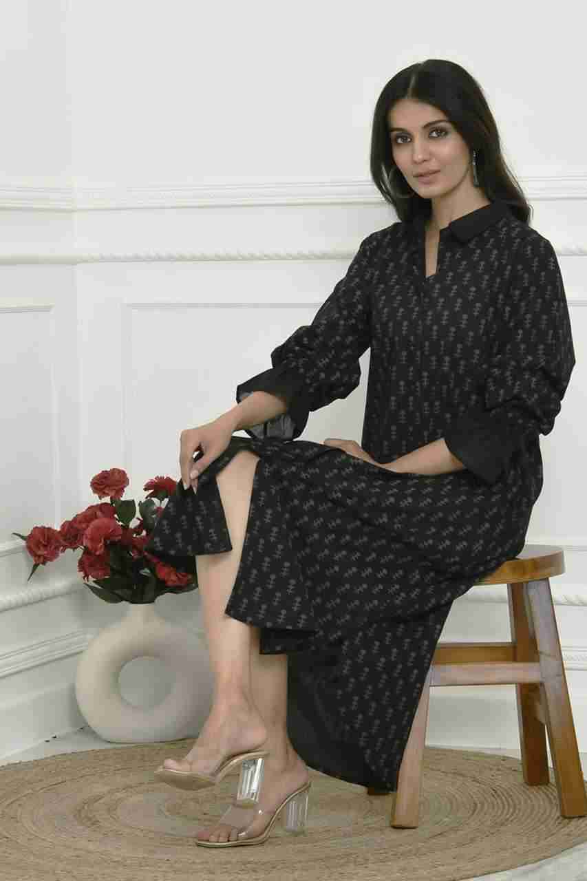 Naksh Black With Grey Khari Tinsel Print Long Shirt Kurta With Pockets