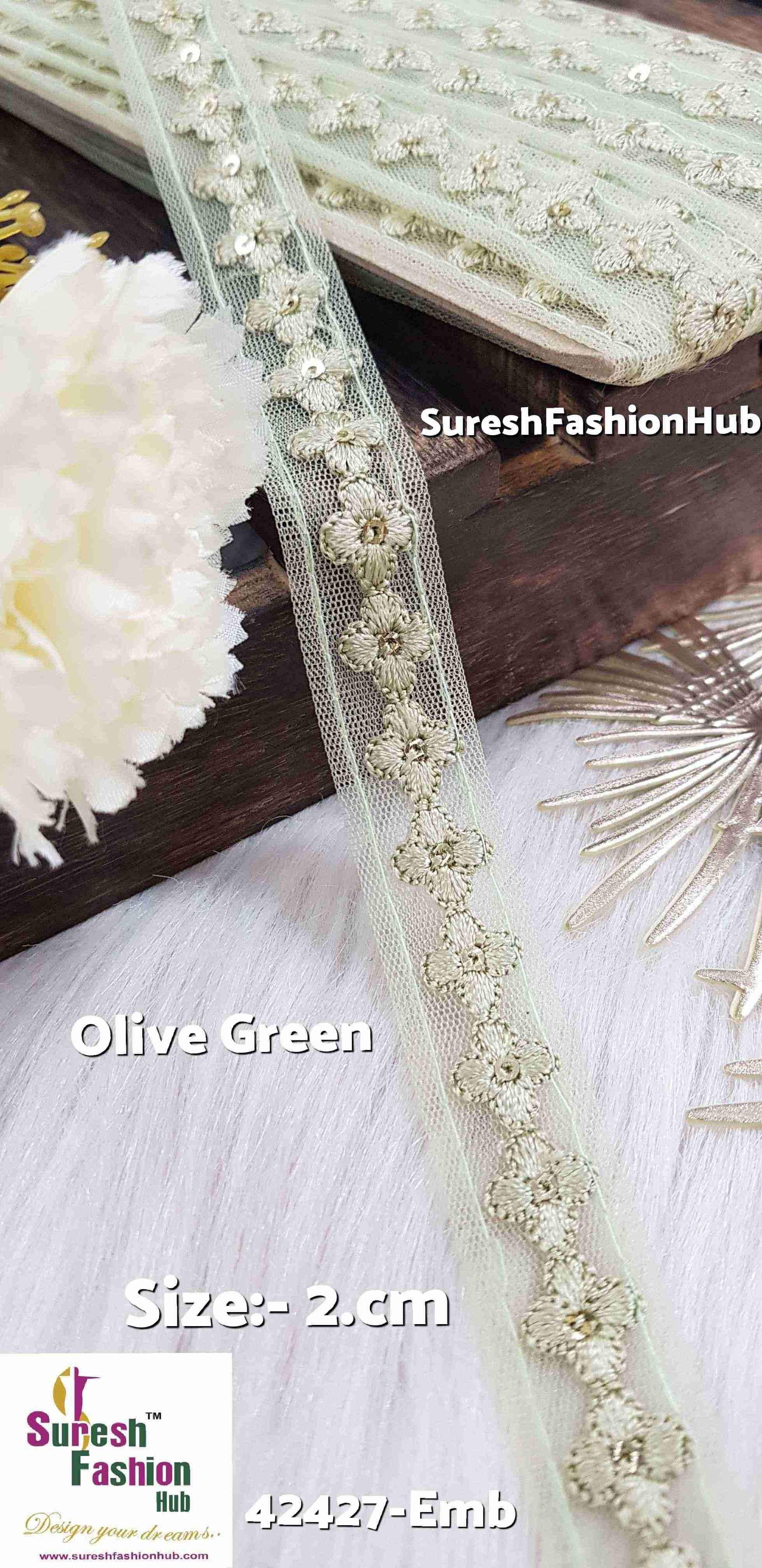 Olive Green Floral Sequin Lace Trim