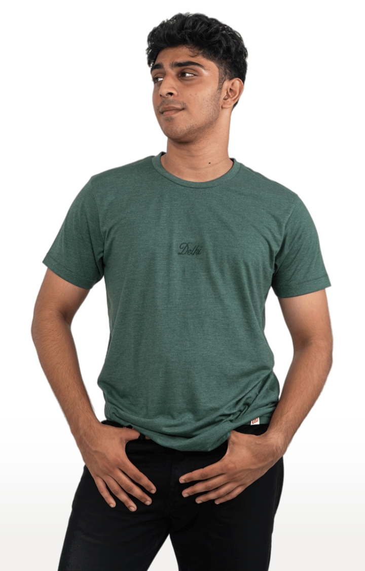1947IND | Unisex Delhi Embroidered Tri-Blend T-Shirt in Bottle Green