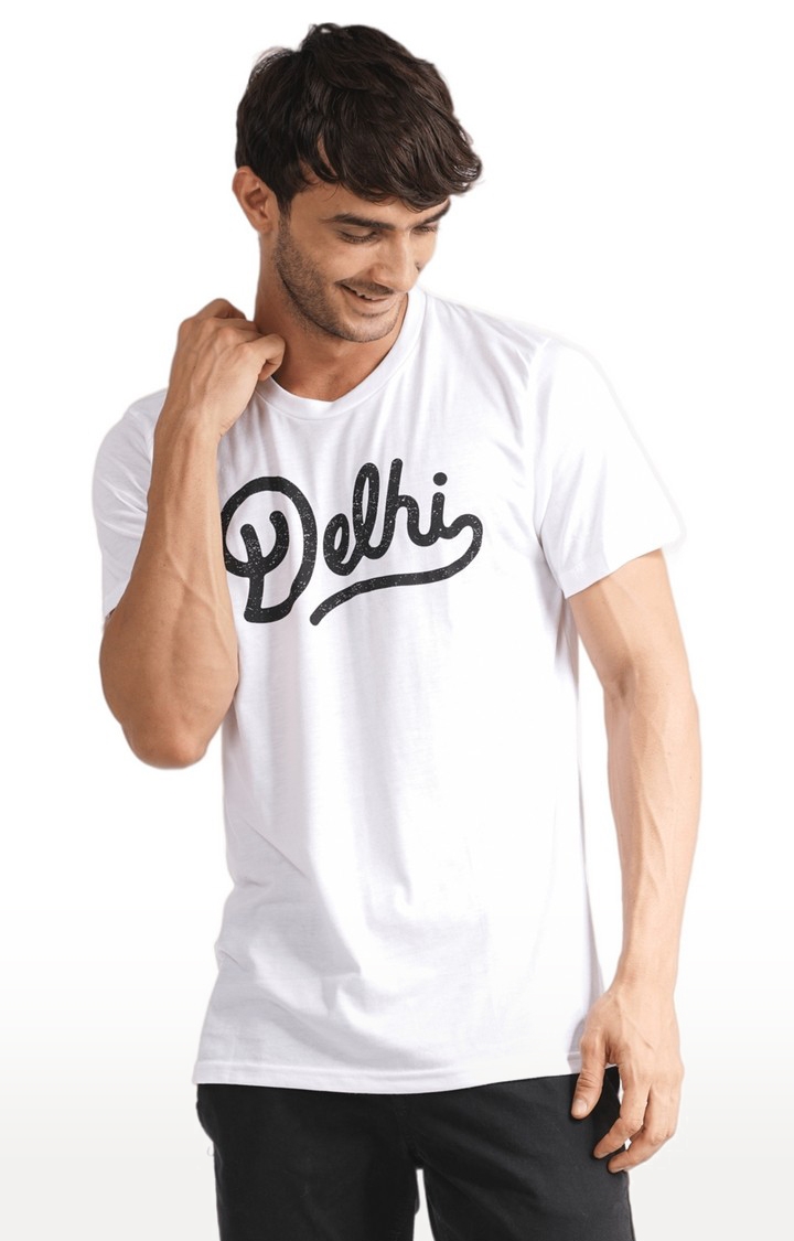 Unisex Delhi Script Logo Tri-Blend T-Shirt in White