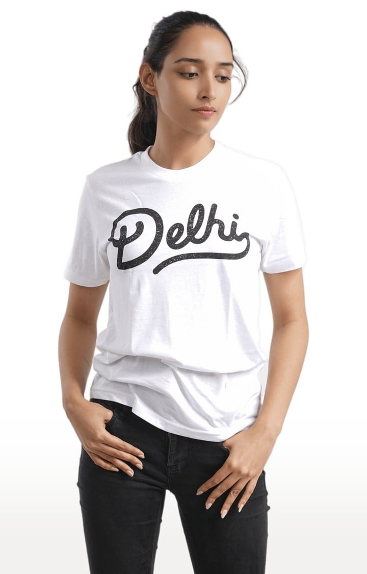 Unisex Delhi Script Logo Tri-Blend T-Shirt in White