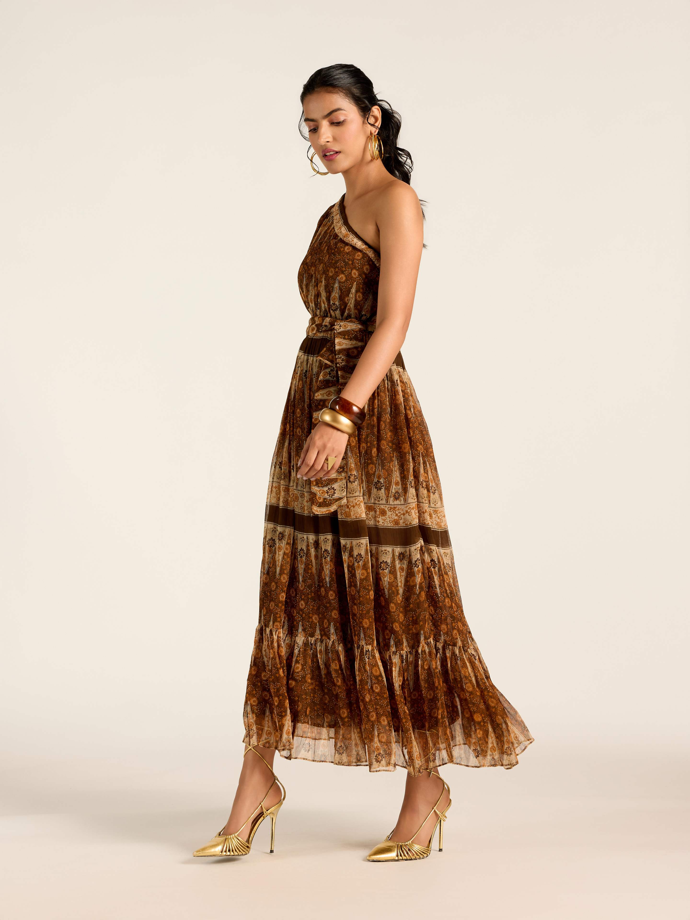 BROWN MARGO ONE SHOULDER LONG DRESS